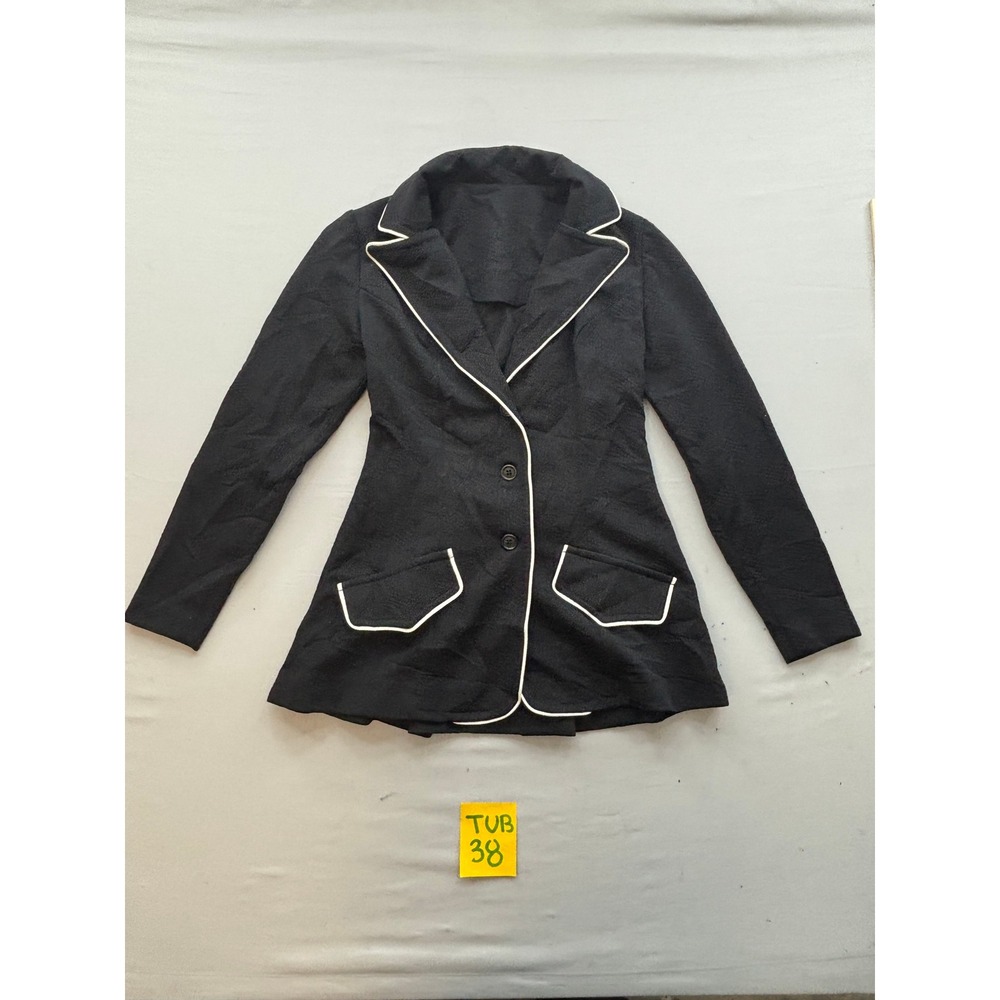 Black Textured Blazer White Contrast Piping Two Button Tailored Jacket Womens